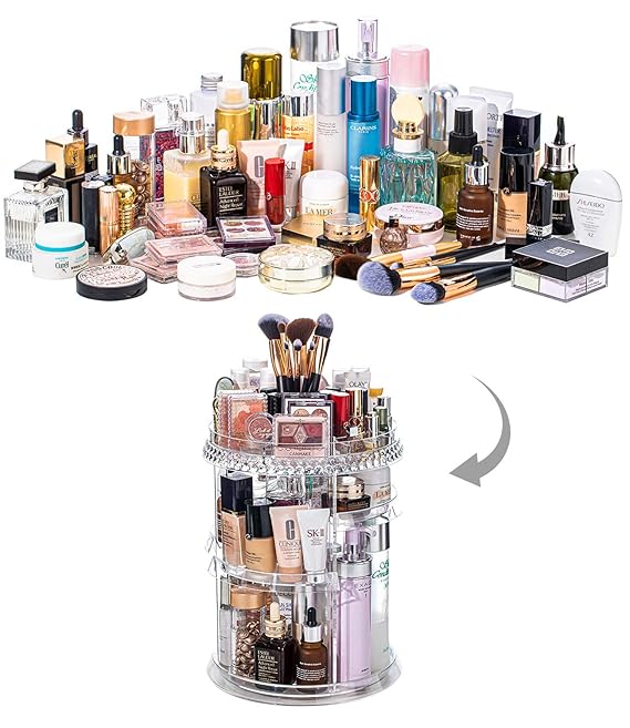 360° Rotating Crystal Makeup Organizer | Adjustable Cosmetic Display Stand Box, Makeup Storage For Vanity Bedroom & Bathroom – Big Size