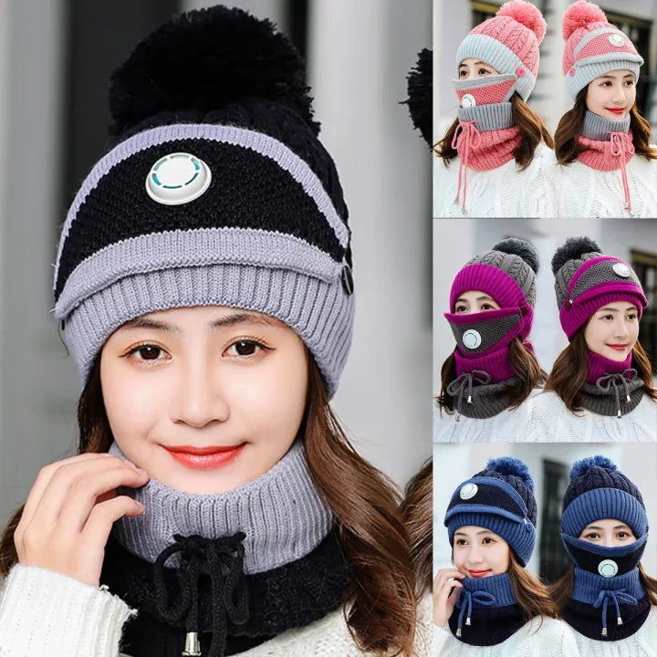 Winter Beanie Hat Scarf Cover Set Fleece Cozy Warm Set Of 3 Cap ,mask And Neck Scarf